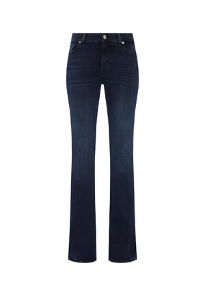 Mørkeblå denim jeans med lige ben, fem-lommer design og en enkelt metalknap lukning i taljen.