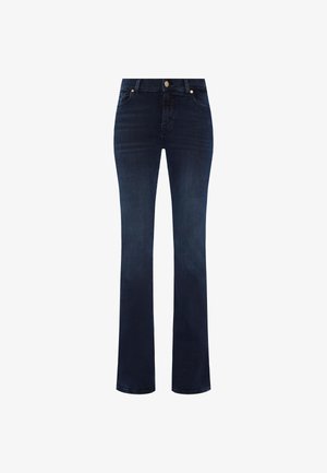 Mørkeblå denim jeans med lige ben, fem-lommer design og en enkelt metalknap lukning i taljen.