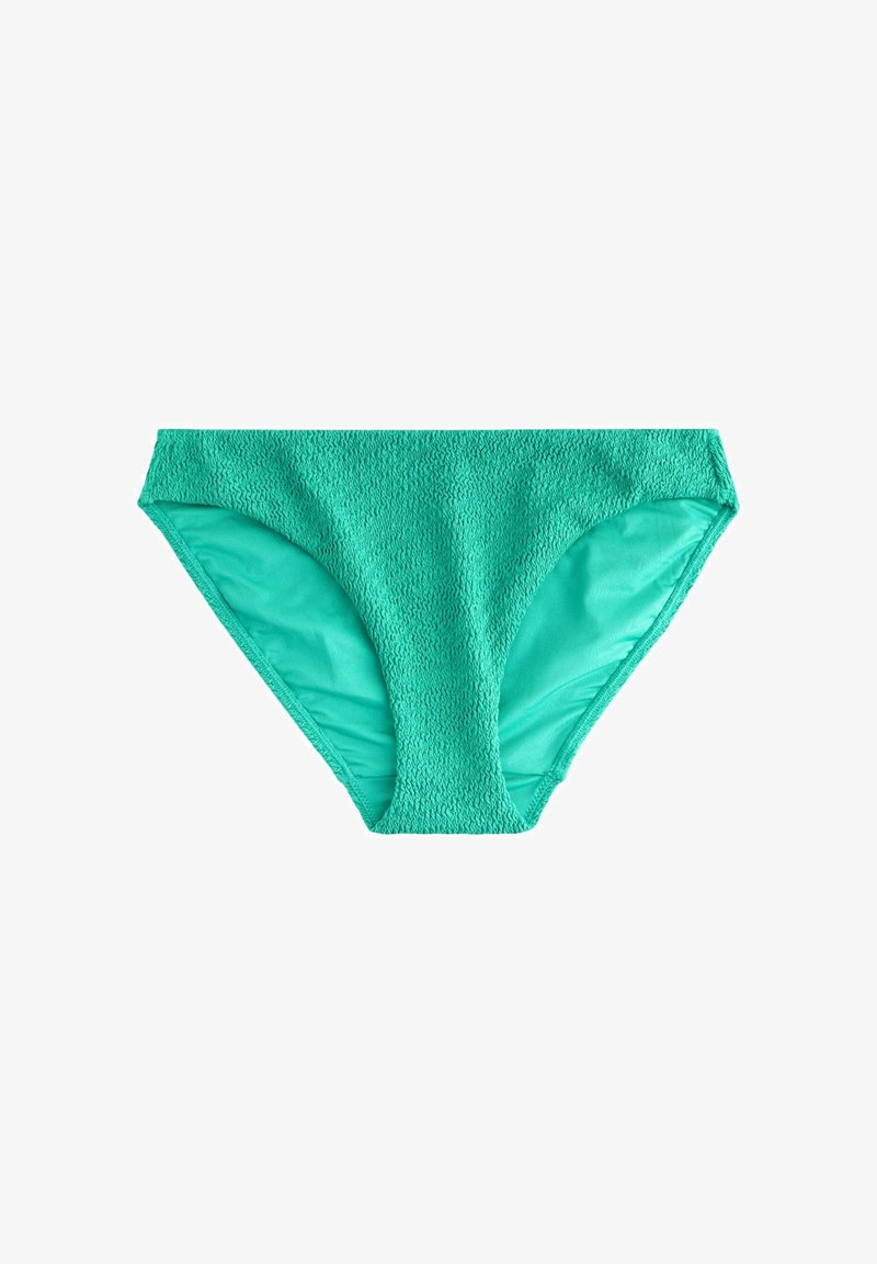 Bas de bikini turquoise texturé avec un design en tissu froncé et une doublure intérieure lisse, posé à plat sur un fond blanc.