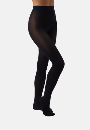 Juodos permatomos pėdkelnės su lygiu paviršiumi, aukštu juosmeniu ir pilnu dengimu, nuo juosmens iki pirštų. Nėra matomų siūlių.