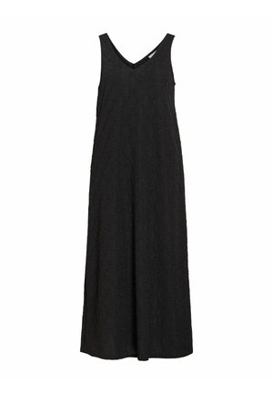 Ermeløs svart maxikjole med V-hals og subtilt teksturert blomsterprint, løs passform og ankel-lang design.