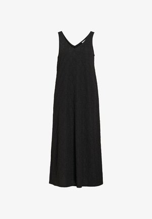 Schwarzes ärmelloses Maxikleid mit V-Ausschnitt und dezentem strukturiertem Blumenmuster, lockerer Passform und knöchellangem Schnitt.