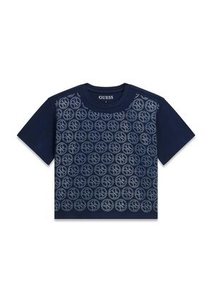 T-shirt court Guess bleu marine à manches courtes avec motif avant composé de petits points circulaires.