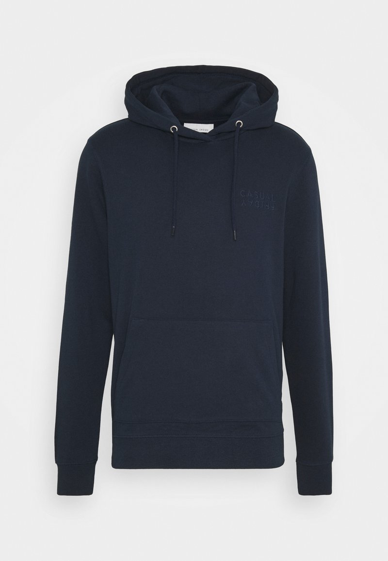 Sudadera de algodón azul marino con un bolsillo tipo canguro en el frente, capucha ajustable con cordón y logo en relieve "CASUAL" en el pecho.