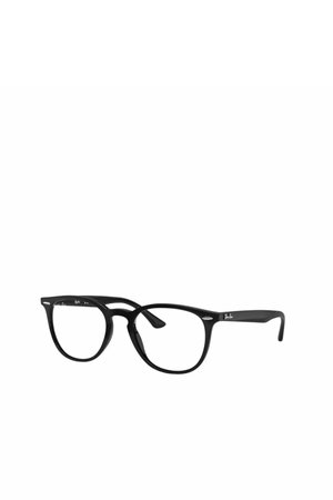 Occhiali rettangolari neri con lenti chiare e aste sottili, con piccoli dettagli argentati vicino alle cerniere.