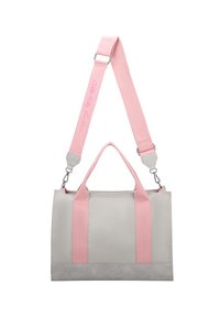 Borsa a tracolla in tela grigia con strap e manici rosa. Presenta una superficie liscia e testurizzata, con dettagli in hardware argentato. Logo "Hello Kitty" sulla tracolla.