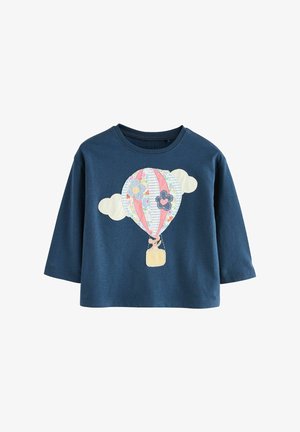 Mornarsko bombažno srajco z dolgimi rokavi, ki vsebuje vezeno zasnovo vroče zračne balona s pisanimi črtami, cvetlicami in oblaki.