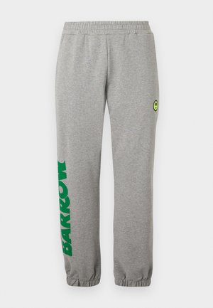 Grey sweatpants with elastic waistband and cuffs, green vertical "BARROW" text on left leg, and small yellow smiley face logo on right thigh.