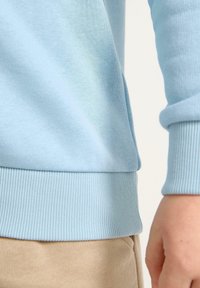 Ljusblå sweatshirt med ribbat avslut och cuffs, tillverkad av mjukt material med en slät yta och minimala designdetaljer.