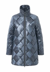 Gequilted, middenlange pufferjack in donkergrijs, met een hoge kraag, diagonale stiksels en een rits aan de voorkant met een ronde trekker.