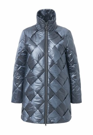 Gepolsterte, mittellange Daunenjacke in Dunkelgrau mit hohem Kragen, diagonaler Nähte und einem Reißverschluss vorne mit runder Zuglasche.