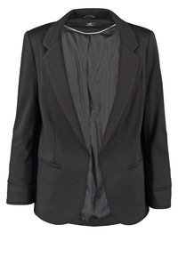 Blazer noir pour femme sur mesure avec revers crantés, deux poches fendues à l'avant et doublure intérieure lisse.