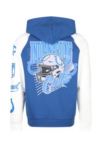 Blue and white hoodie featuring a graphic of a football helmet and text "INDIANAPOLIS COLTS FOR THE SHOE" on the back. Cotton blend fabric.