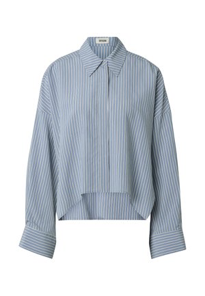 Blue long-sleeve collared blouse with vertical white stripes, buttoned cuffs, and a high-low hem.