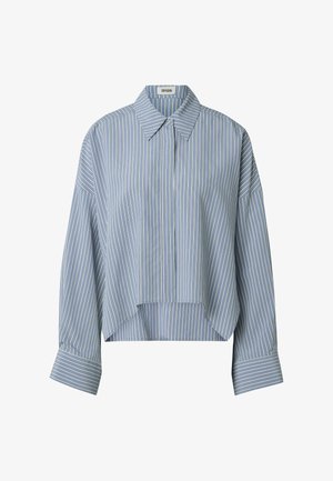 Blue long-sleeve collared blouse with vertical white stripes, buttoned cuffs, and a high-low hem.
