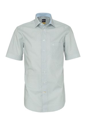 Camicia a maniche corte grigio chiaro con piccolo motivo circolare scuro, colletto classico, taschino frontale e etichetta del marchio all'interno del colletto.