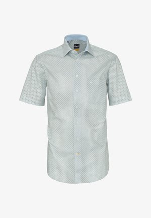 Camicia a maniche corte grigio chiaro con piccolo motivo circolare scuro, colletto classico, taschino frontale e etichetta del marchio all'interno del colletto.