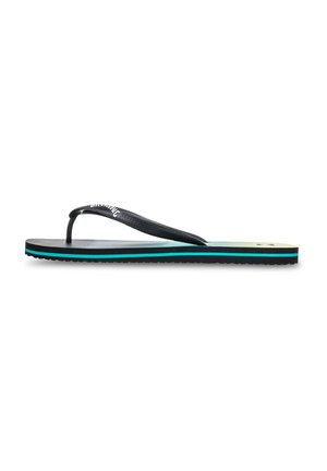 Schwarze Flip-Flops mit einem strukturierten Riemen und einer mehrfarbigen Sohle, die blau, grün und schwarze Schichten aufweist. Flaches, leichtes Design für den Freizeitgebrauch.