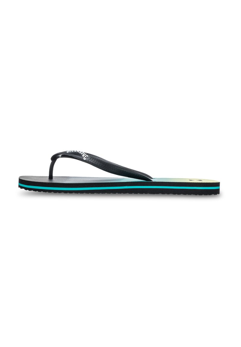 Sort flip-flop med et tekstureret rem og en flerfarvet sål, der har lag i blå, grøn og sort. Flad, letvægtsdesign til afslappet brug.