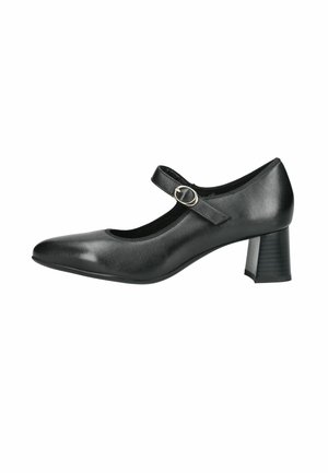 Schwarzer Mary Jane-Lederschuh mit abgerundeter Spitze, verstellbarem Riemen mit silberner Schnalle und Blockabsatz.