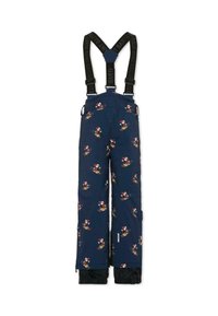 Navyblauwe sneeuwbroeken met bretels, versierd met een patroon van cartoonfiguren die skiën. Elastische boorden en waterdicht materiaal.