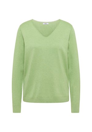 V-aukkoinen, pitkähihainen neule pehmeästä, vaaleanvihreästä neuloksesta. Varustettu resorireunuksilla hihoissa ja helmassa, rento istuvuus ja minimalistinen muotoilu.