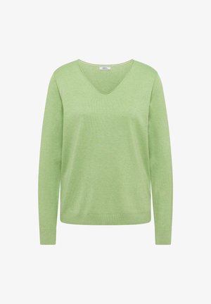 V-aukkoinen, pitkähihainen neule pehmeästä, vaaleanvihreästä neuloksesta. Varustettu resorireunuksilla hihoissa ja helmassa, rento istuvuus ja minimalistinen muotoilu.