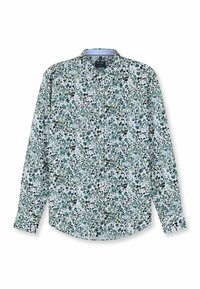 Langärmeliges Hemd in Weiß mit einem mehrfarbigen Muster aus Blättern und Blumen. Hergestellt aus leichtem Stoff, mit einem Hemdkragen zum Knöpfen und abgerundetem Saum.