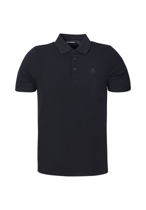 Black short-sleeve polo shirt with collar, three-button placket, and subtle embroidered logo on the left chest.