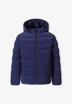 Granatowa kurtka puchowa z kapturem, z pikowanymi panelami i zapięciem na zamek z przodu. Wykonana z gładkiego, lekkiego materiału.