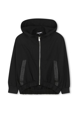 Veste à capuche noire avec fermeture éclair sur le devant, ourlet élastiqué et silhouette surdimensionnée. Présente des panneaux latéraux texturés avec des détails de logo.