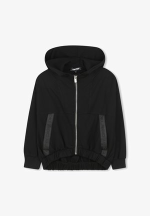 Zwarte hoodie met een voorrits, elastische zoom en oversized silhouet. Heeft textuurzijdepanelen met logo-details.