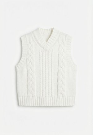 Λευκό πλεκτό γιλέκο χωρίς μανίκια με σχέδιο πλεξούδας και ριγέ λαιμόκοψη σε σχήμα V, καθώς και ριμπ μασχαλιαίες και κάτω άκρες.