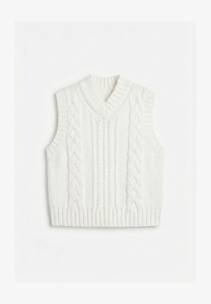 Vestă fără mâneci albă, tricotată, cu model în relief și guler în V, margini la brațe și tiv striate.