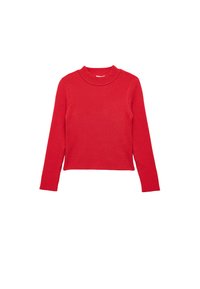 Czerwony sweter z ribbowanym splotem, o wysokiej szyi i długich rękawach. Materiał ma strukturalny wzór i skrócony krój.