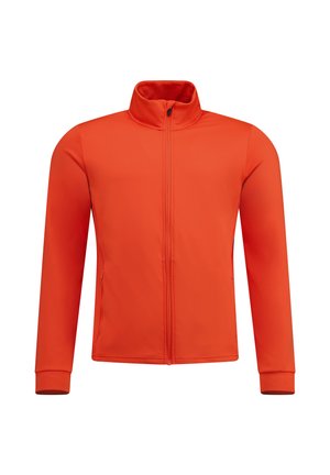 Orange zip-up jakke med høj krave, lange ærmer og tætsiddende manchetter. Glat stof uden mønstre eller synlige metaldele.