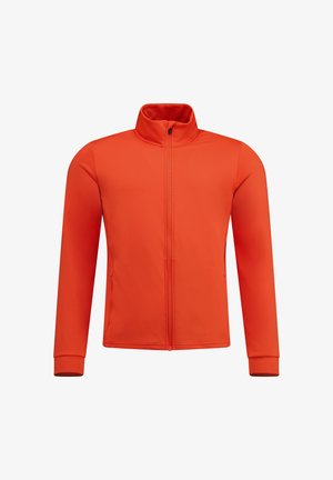 Chaqueta naranja con cremallera, de cuello alto, mangas largas y puños ajustados. Tejido suave sin patrones ni detalles de hardware visibles.