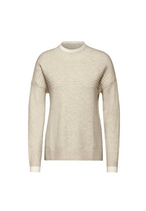Suéter de punto beige con un patrón acanalado en los hombros, cuello redondo y puños y dobladillo acanalados. Textura suave y corte relajado.