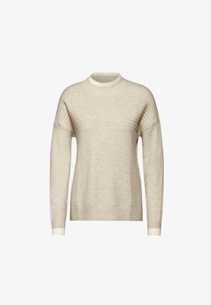 Beiger Strickpullover mit Rippmuster an den Schultern, Rundhalsausschnitt und gerippten Bündchen und Saum. Weiche Textur und lockere Passform.