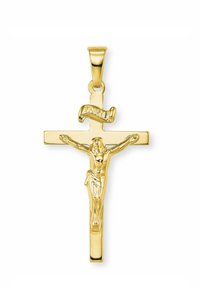 Pendentif crucifix en or avec une figure texturée, comportant un rouleau inscrit "INRI". Surface lisse et réfléchissante ; design de croix simple.