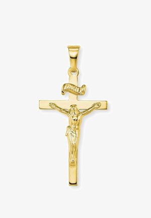 Pendente de crucifijo de oro con figura texturizada, que presenta un pergamino inscrito "INRI". Superficie lisa y reflectante; diseño de cruz simple.