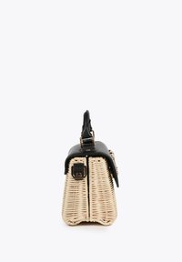 Woven wicker bag with a structured, rectangular shape; features a black leather flap and a metallic clasp. Textured and contrasting materials.
