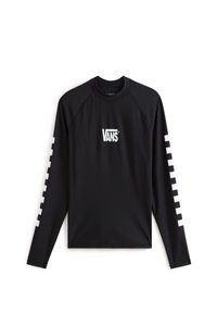 Haut anti-éruption à manches longues noir avec le logo "VANS" blanc sur la poitrine et un motif à damier sur la manche gauche. Confectionné dans un matériau lisse et extensible.