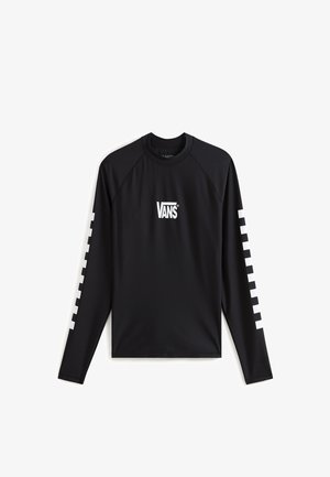 Maglia a maniche lunghe nera con logo "VANS" bianco sul petto e motivo a scacchi sulla manica sinistra. Realizzata in materiale liscio ed elastico.
