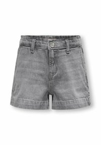 Grå denimshorts med knäppning, femficksdesign och rak skärning. Har en fransad fåll och lätt blekning för textur.