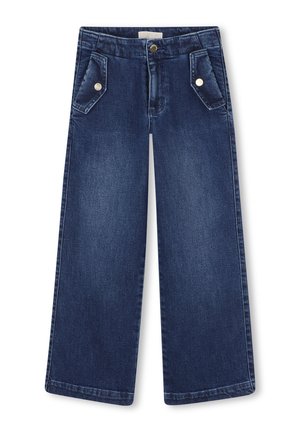 Dunkelblaues weit geschnittenes Jeans mit zwei Fronttaschen, metallischen Knopfakzenten und klassischer Denim-Textur. Flacher Bund und gerade Säume.