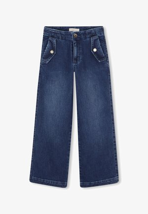 Jeans a gamba larga blu scuro con due tasche frontali, dettagli in bottone metallico e classica trama in denim. Vita piatta e orli dritti.