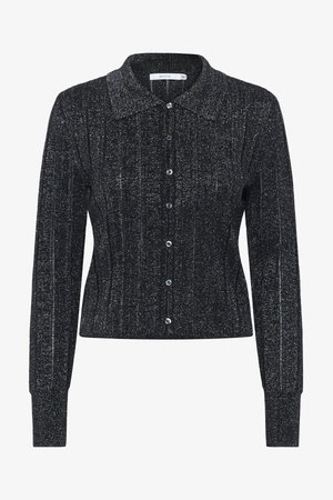Musträne pikkade varrukatega kardigan, mis on kaunistatud hõbedaste metallniitidega, sooniku tekstuuriga, esiknöpide ja terava kraega.