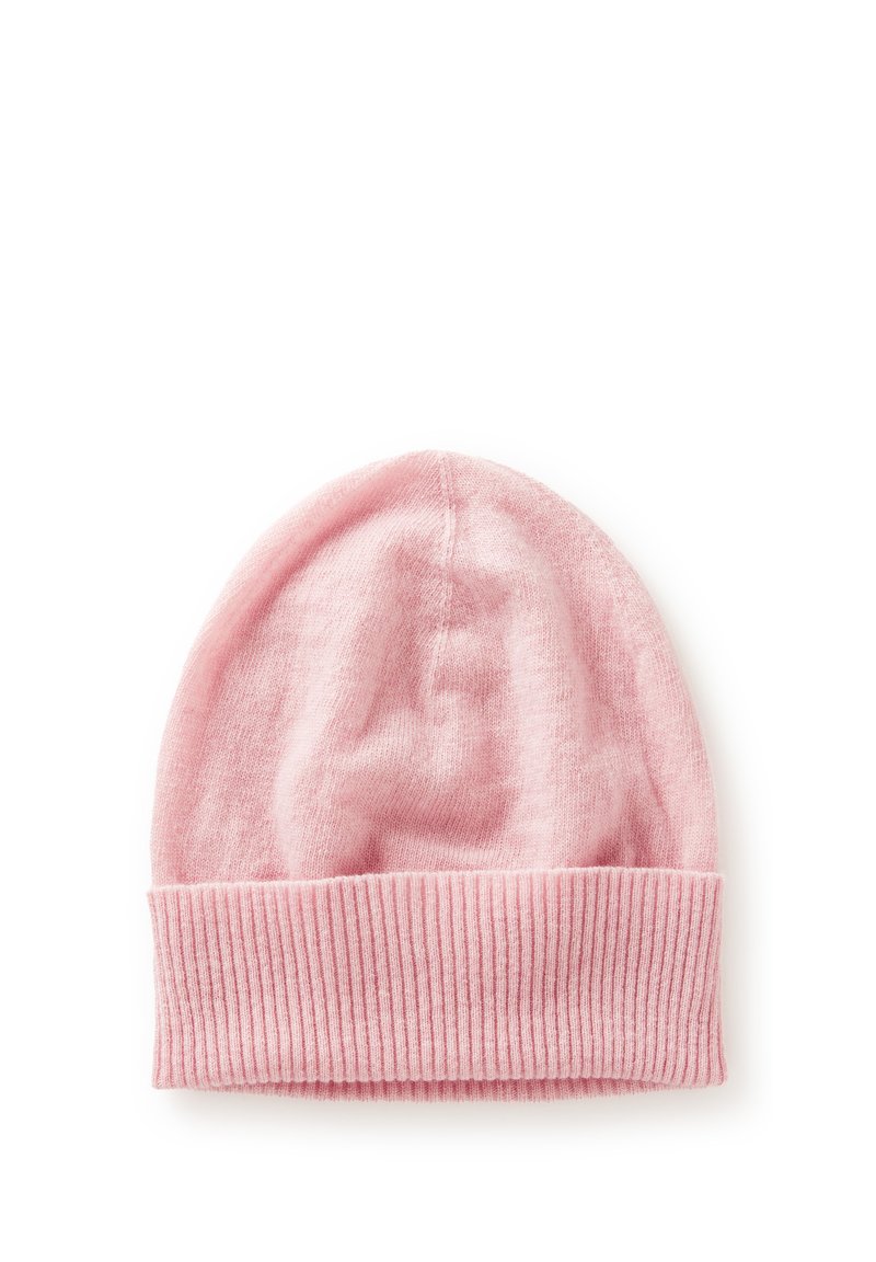 Roze gebreide beanie met een zachte textuur, voorzien van een geribbelde manchette en een ronde bovenkant. Eenvoudig ontwerp, geschikt voor casual draag.