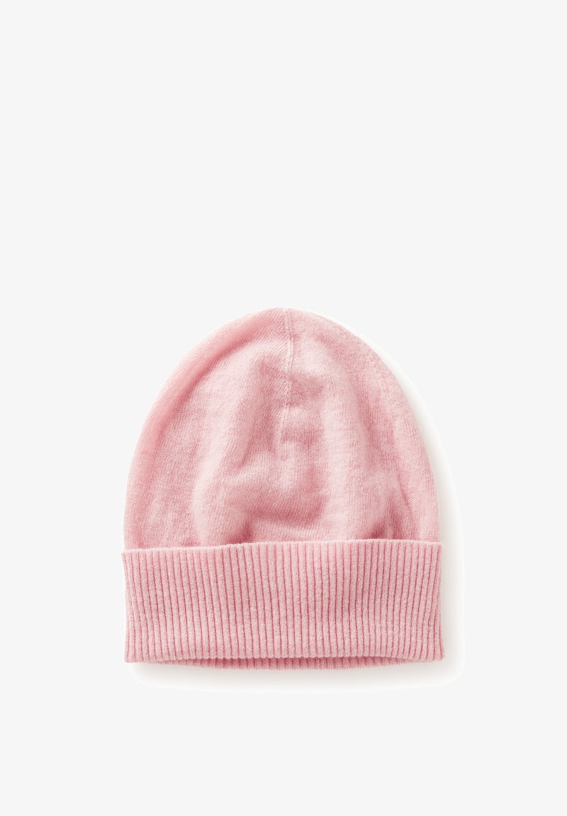 Beanie rosa a maglia con una texture morbida, dotato di un risvolto a coste e una parte superiore arrotondata. Design semplice, adatto per un abbigliamento casual.